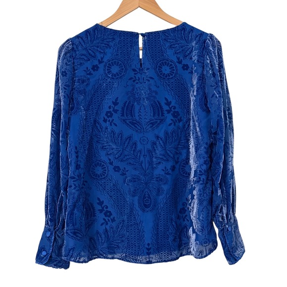 Soft Surroundings Vanetta Velvet Top Blue Devore  Damask Floral Blouse Small - Picture 6 of 13